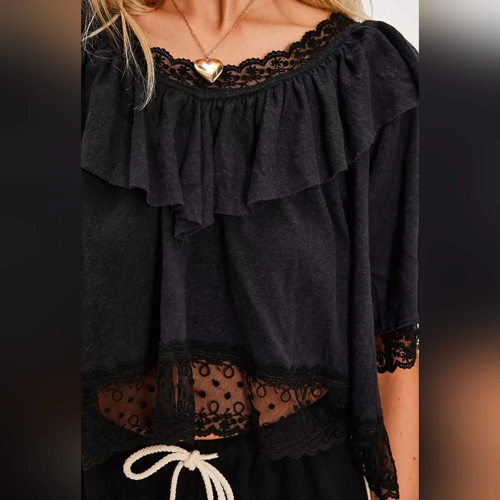 Free People Lulu Knit Boho Lace Ruffle Top